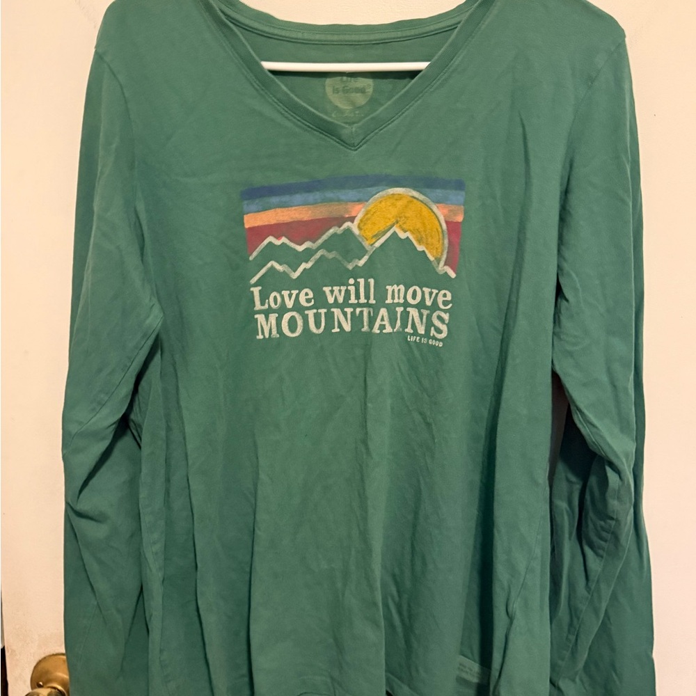 Life Is Good Women's Long Sleeve Tee in Teal with Mountain Graphic